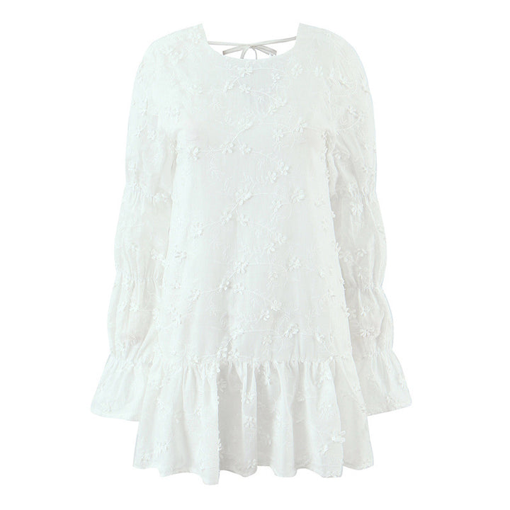 Airy blouse dress for women with floral embroidery and ruffled sleeves Lune London