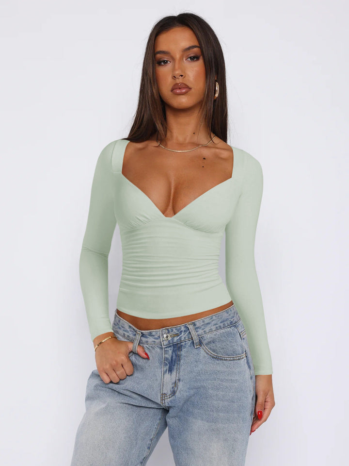 Women Fitted Long-Sleeve Top with V-Neckline and Gathers Lune London
