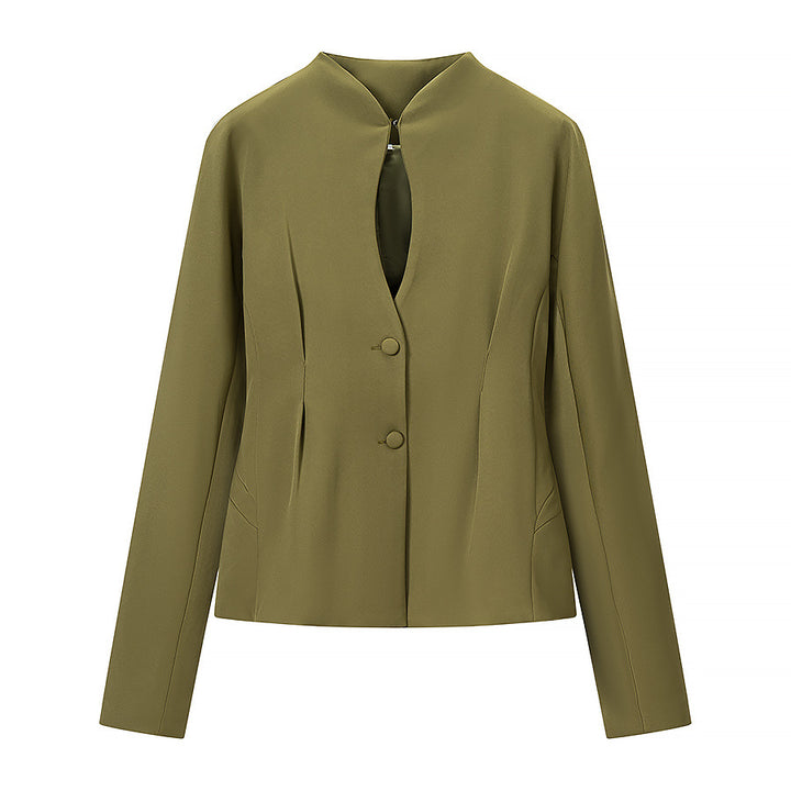 Women's Tailored Short Jacket with Stand Collar, Slit Neckline and Princess Seams Amarae