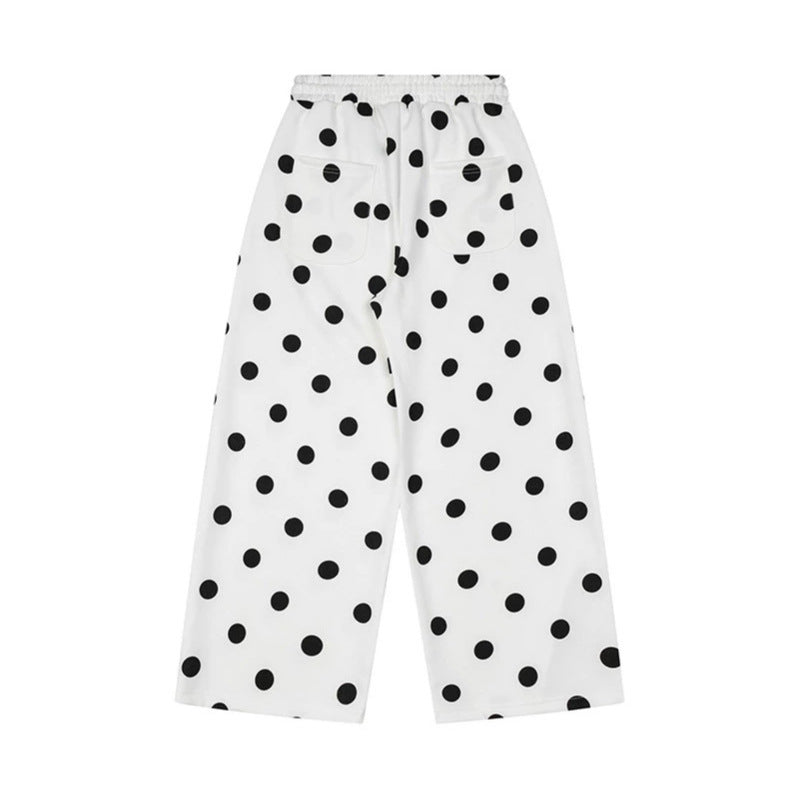Women's Wide Culotte Sweatpants with Elastic Comfort Waistband and Polka Dot Print