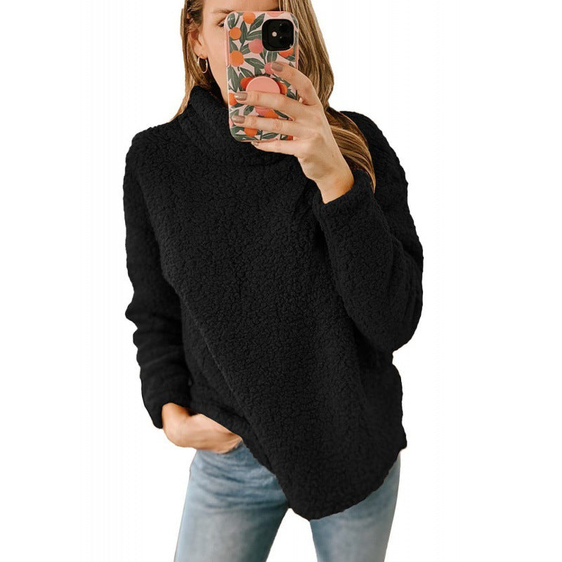 Women's Cozy Oversized Teddy Sweater with Stand-Up Collar and Curved Hem Amarae