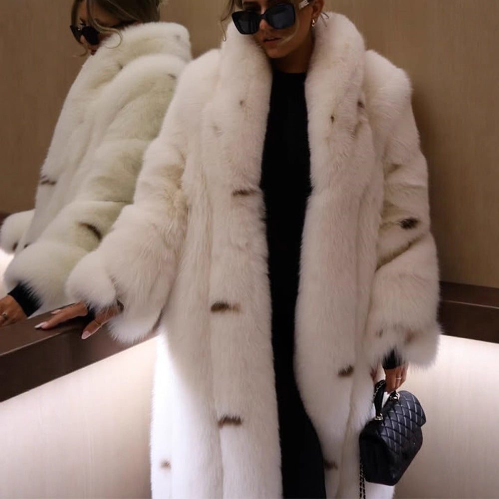 Women longer vegan faux fur coat with hood and voluminous fur collar Amarae