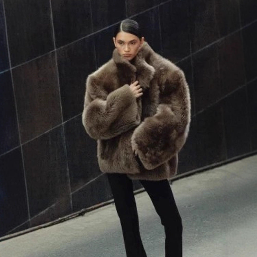Women short coat made of luxurious faux fur with voluminous shawl collar and boxy silhouette Amarae