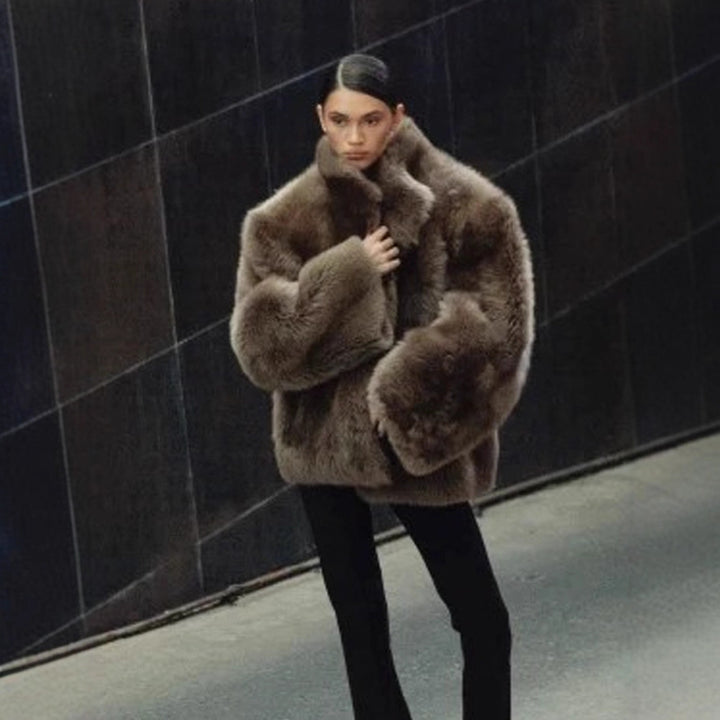 Women short coat made of luxurious faux fur with voluminous shawl collar and boxy silhouette Amarae