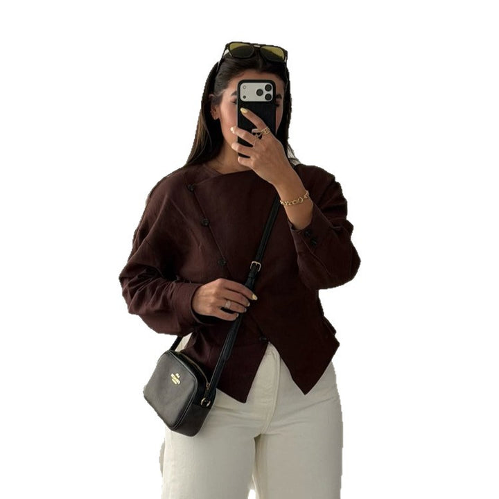 Women’s asymmetrical tailored blouse jacket made of linen with diagonal button closure Amarae