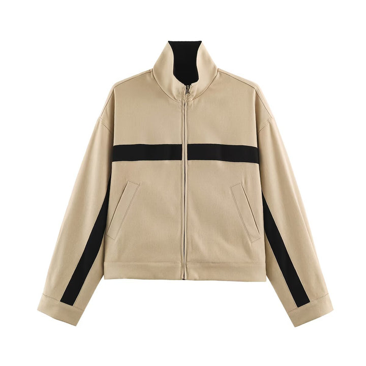 Ladies Cropped Track Jacket with Stand-up Collar, Zipper and Side Contrast Stripes Amarae