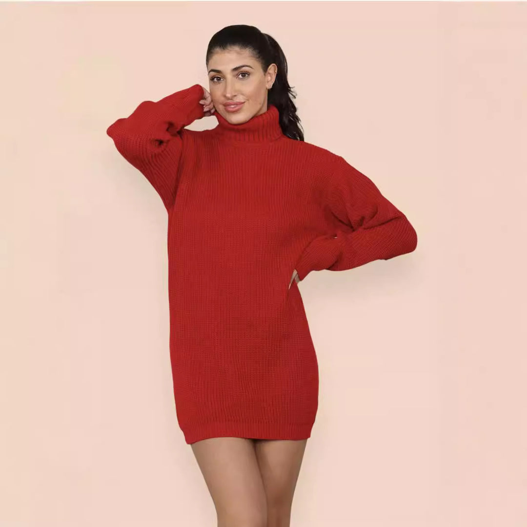 Oversized knit dress for women with a high collar and decorative ribbing design Lune London