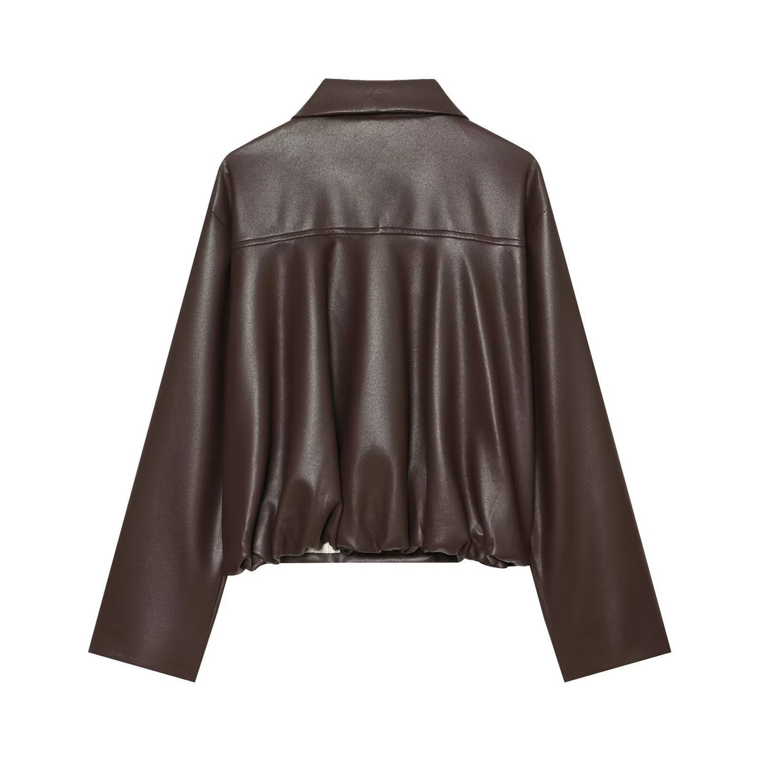 Women's Short Faux Leather Blouson with Double-Breasted Button Placket and Boxy Silhouette Amarae