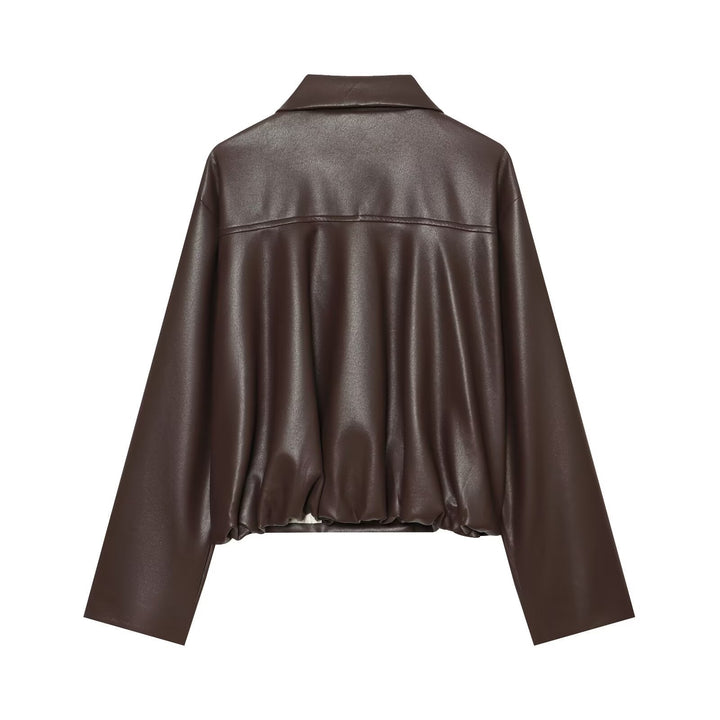 Women's Short Faux Leather Blouson with Double-Breasted Button Placket and Boxy Silhouette Amarae