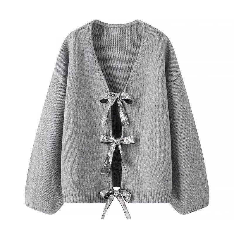 Women Chunky Knit Cardigan with Sequin Bows and V-Neck Amarae