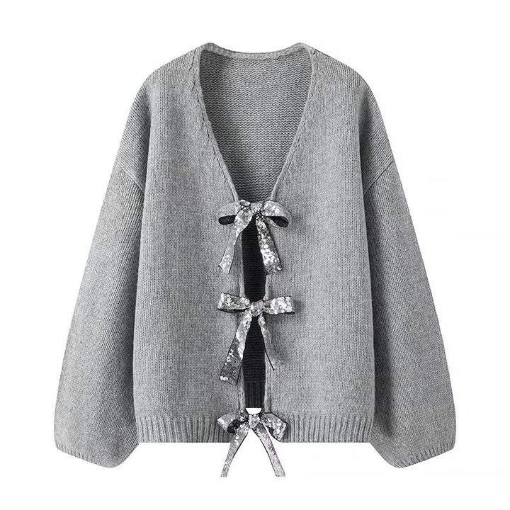 Women Chunky Knit Cardigan with Sequin Bows and V-Neck Amarae