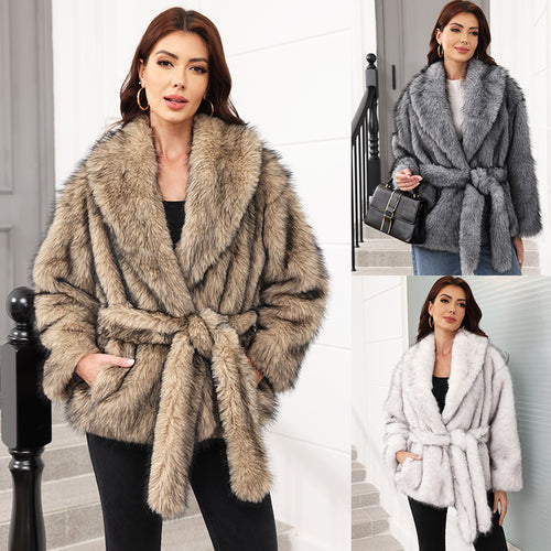 Ladies Elegant Faux Fur Coat with Belt and Wide Lapels Amarae