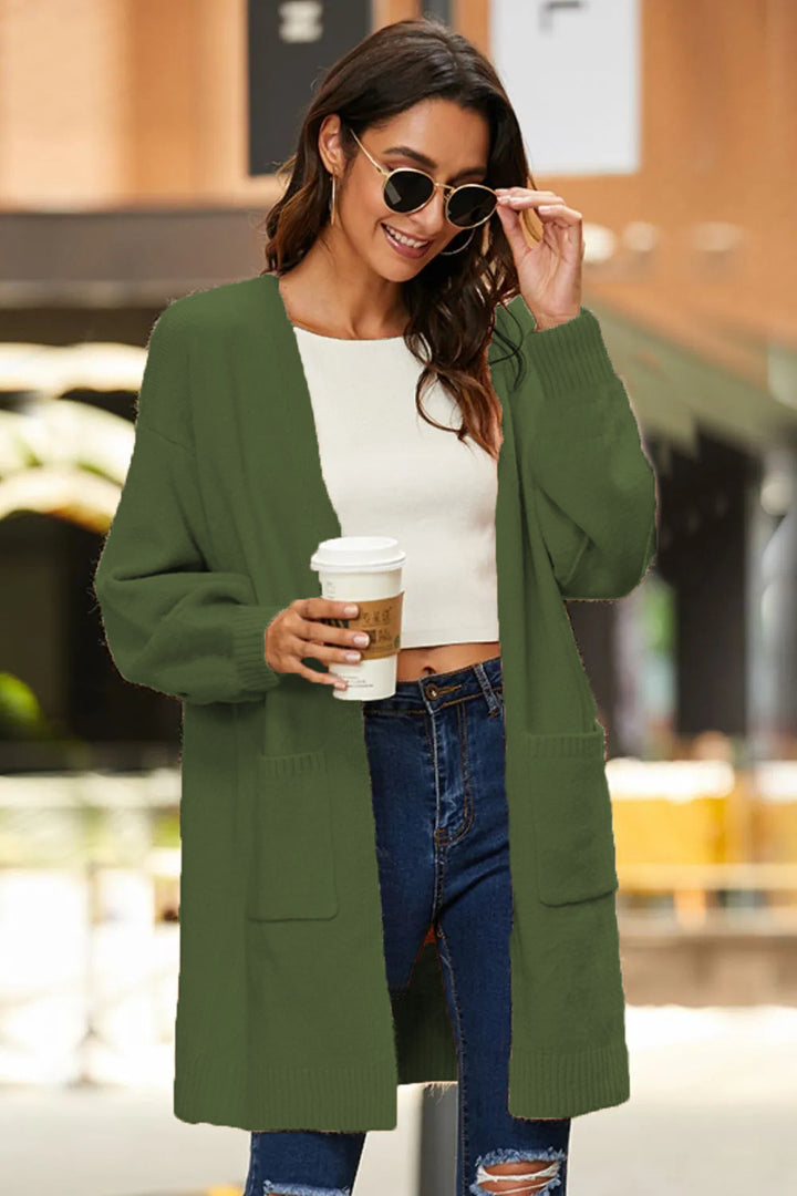 Ladies long sleeve cardigan with open front and deep pockets Lune London