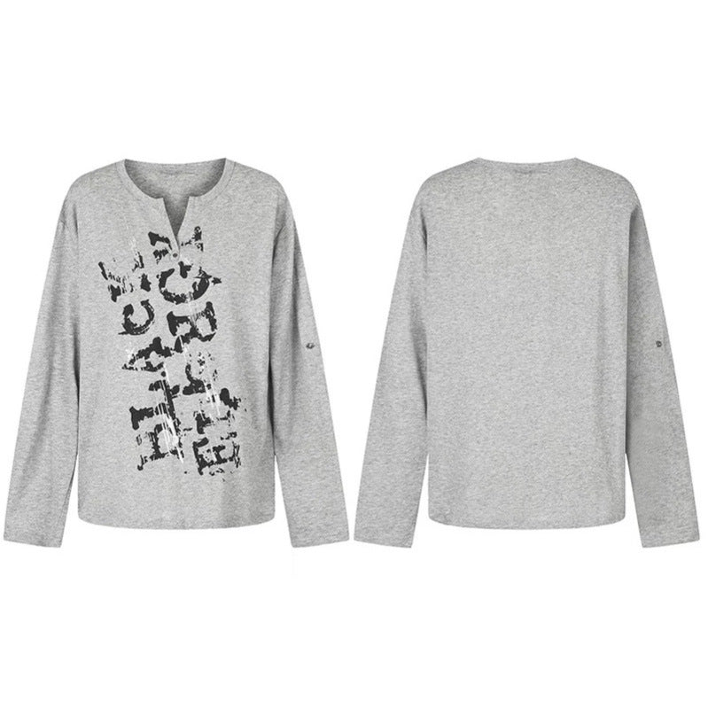 Women Long Sleeve Shirt with Notch Neckline and Vintage Print Amarae