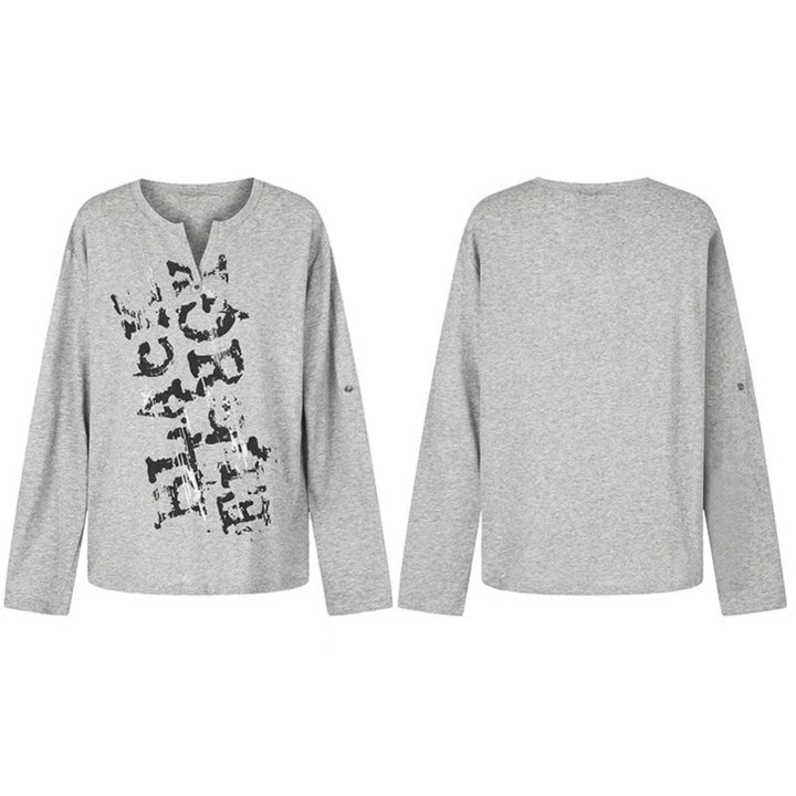 Women Long Sleeve Shirt with Notch Neckline and Vintage Print Amarae