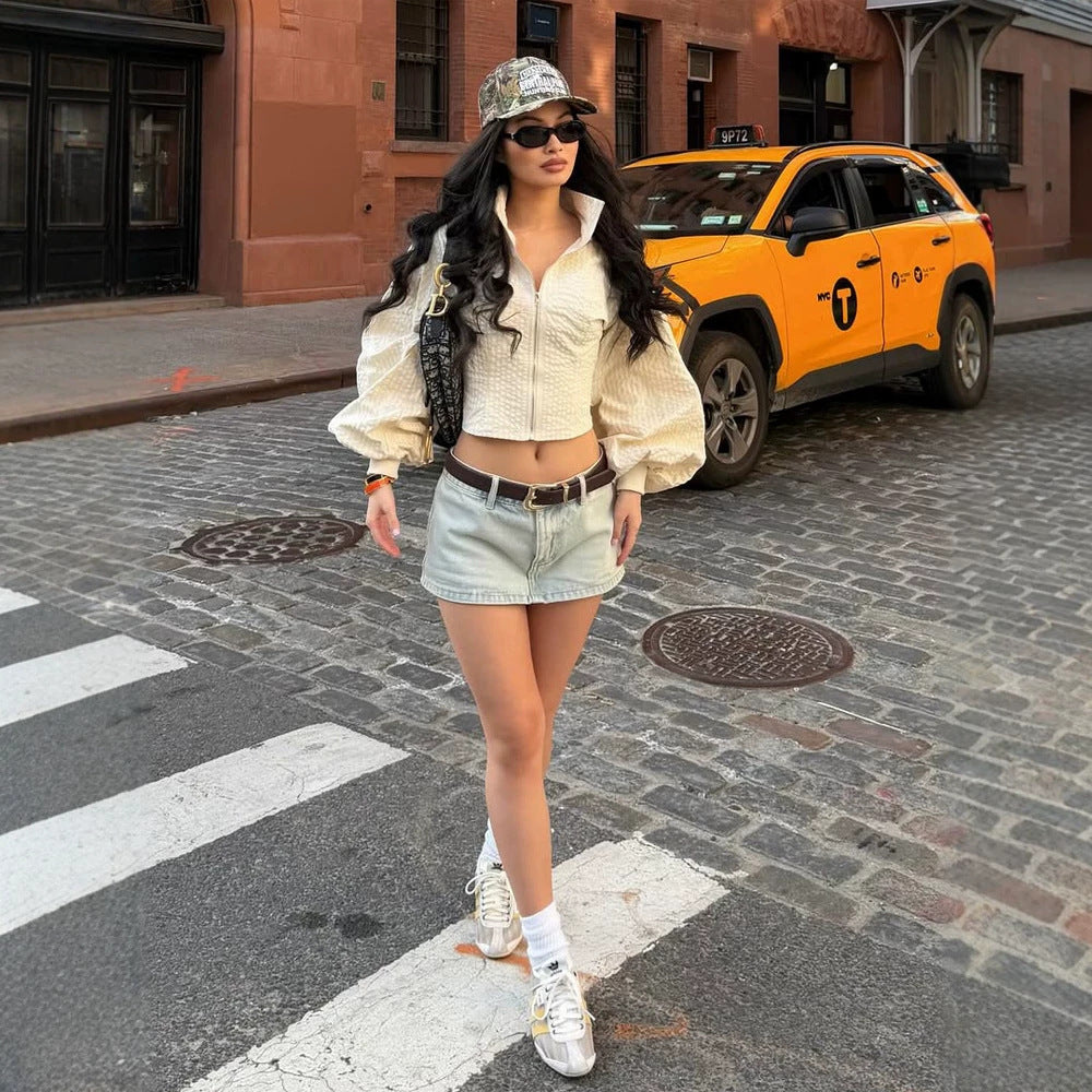 Women's Cropped Puffer Jacket with Tailored Silhouette, Textured Waffle Look and Balloon Sleeves Amarae