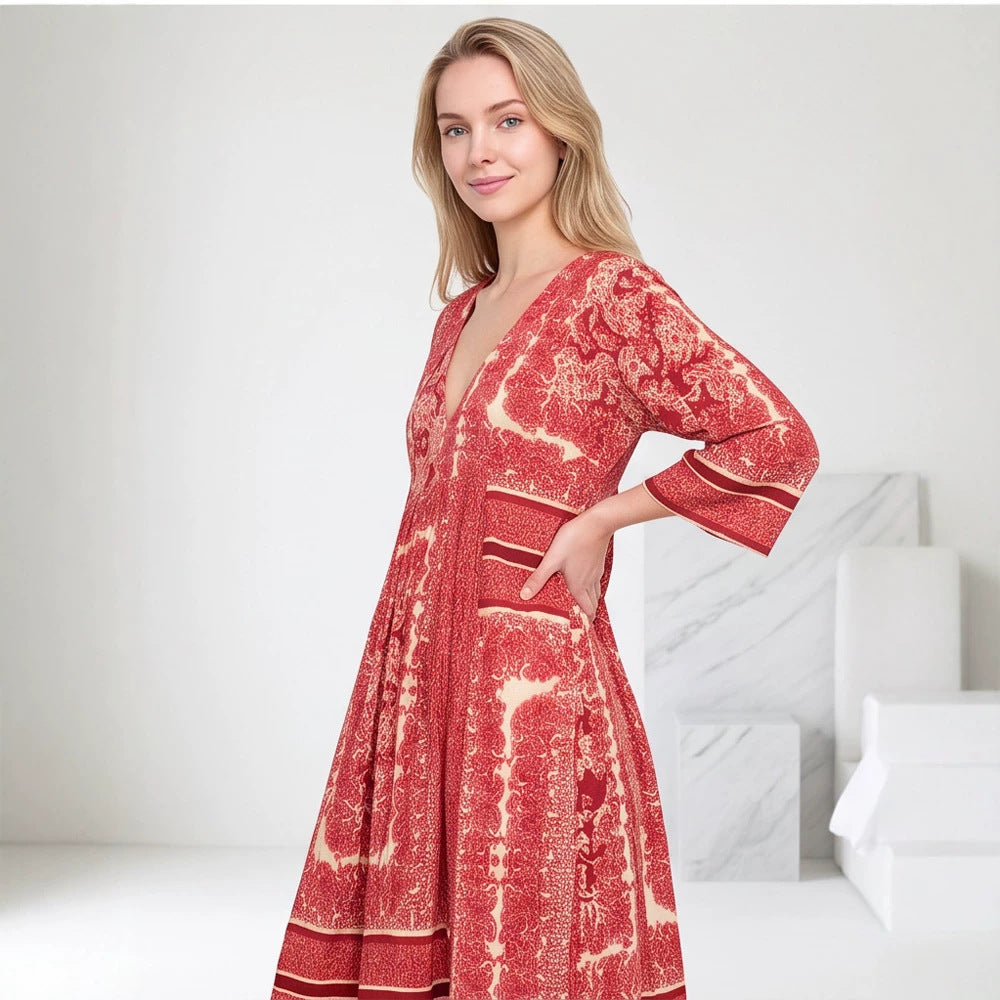 Women’s V neck midi dress with three-quarter sleeves, side pockets & flared A-line silhouette Amarae