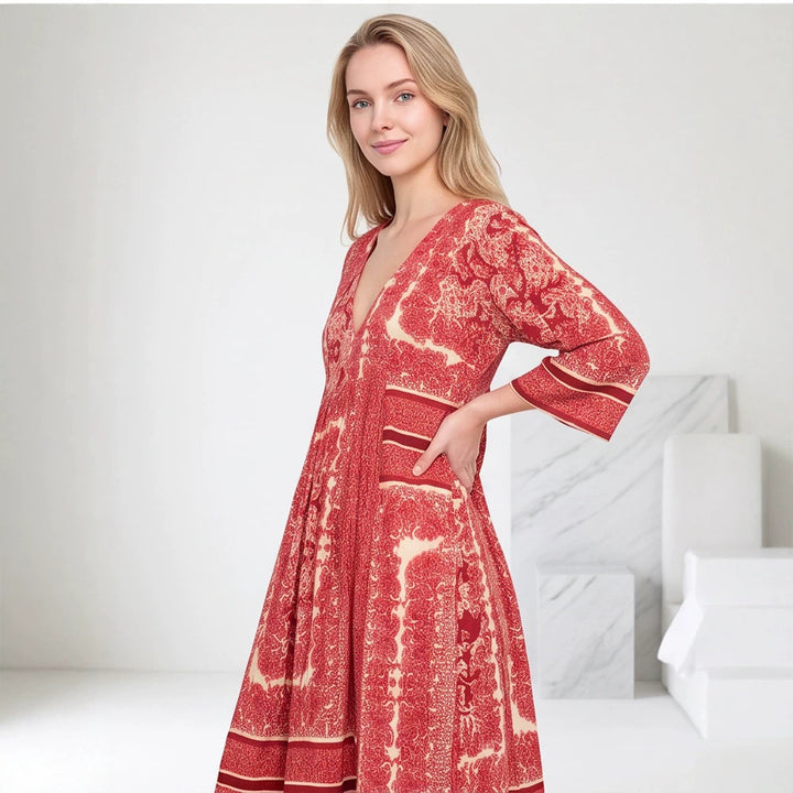Women’s V neck midi dress with three-quarter sleeves, side pockets & flared A-line silhouette Amarae