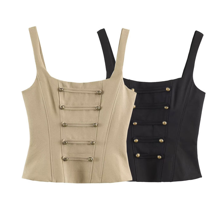 Women's Fitted Corset Top with Decorative Button Placket and Princess Seams Amarae