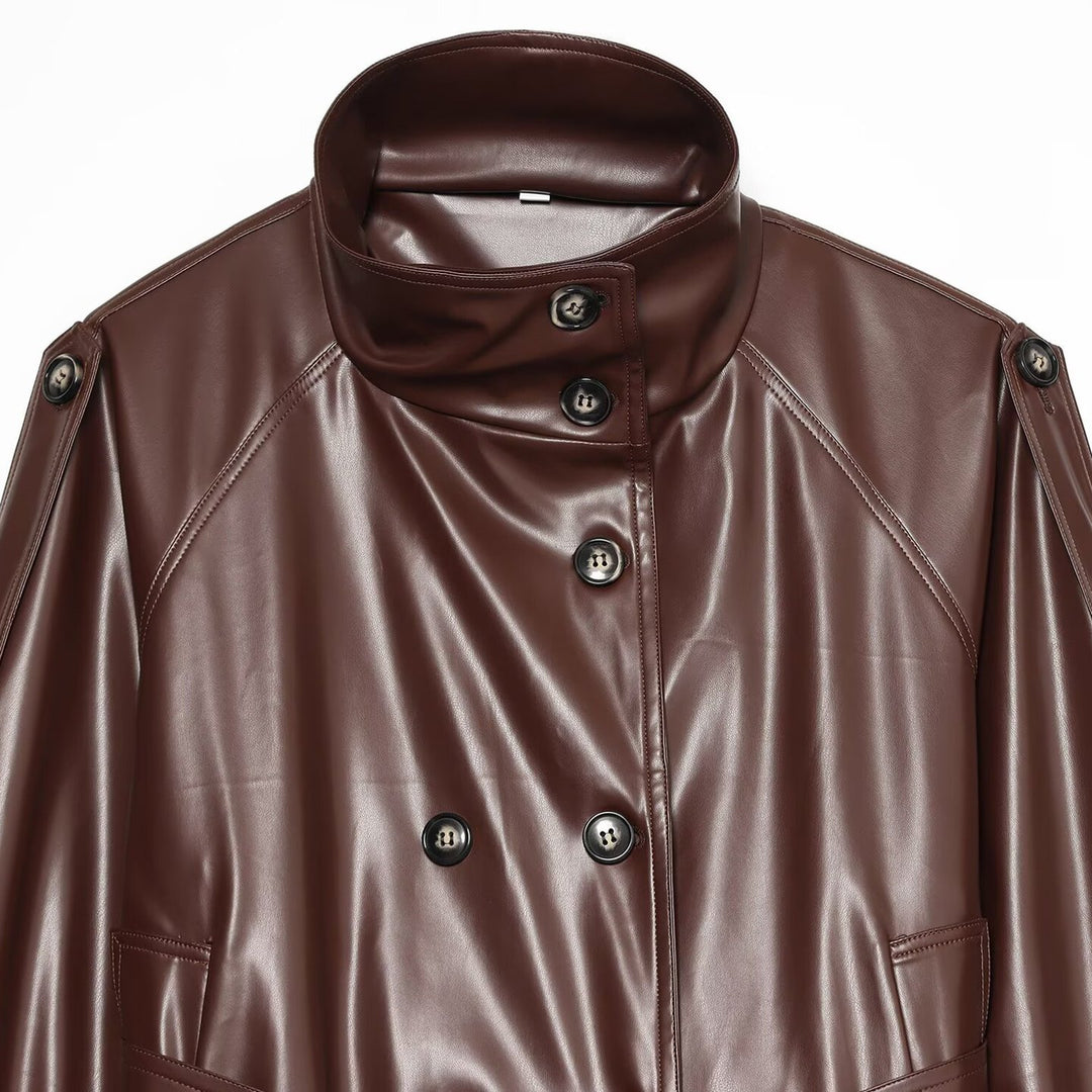 Women's Cropped Faux Leather Jacket with High Collar and Waistband Amarae