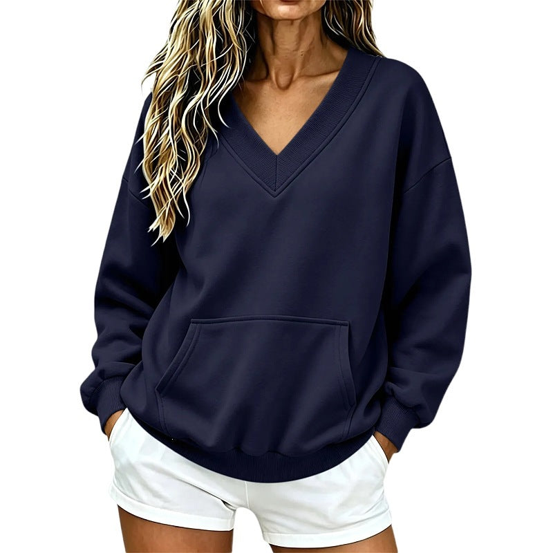 Women Oversize V-Neck Sweatshirt with Kangaroo Pocket and Ribbed Hem Amarae