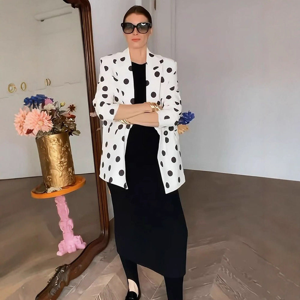 Women Polka Dot Long Blazer with Structured Shoulder and Oversized Cut Amarae