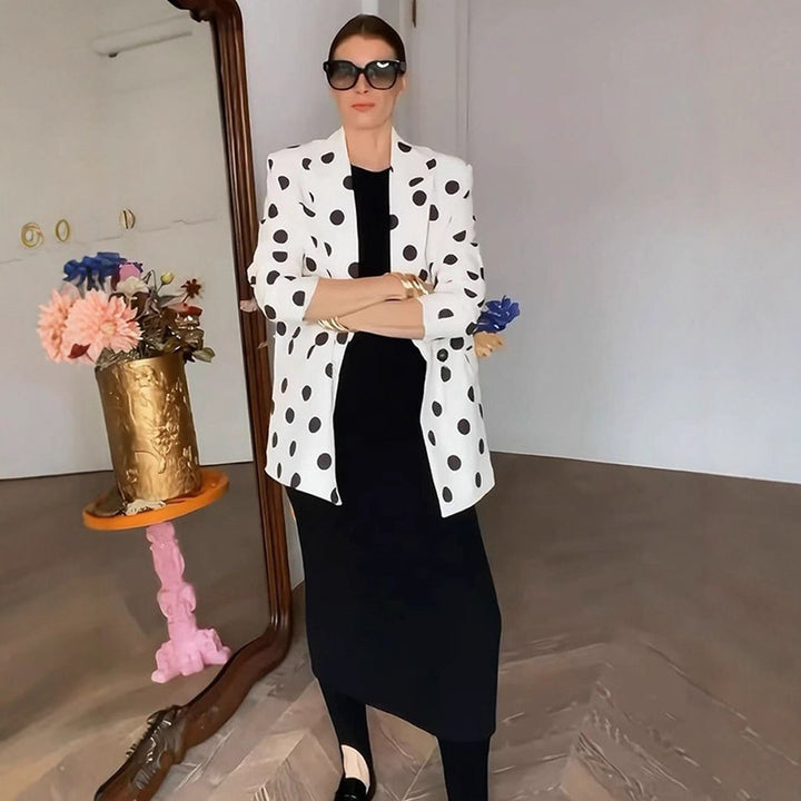 Women Polka Dot Long Blazer with Structured Shoulder and Oversized Cut Amarae