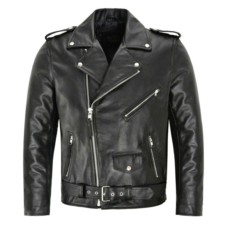 Men's leather motorcycle jacket with asymmetrical zipper and practical pockets Lune London