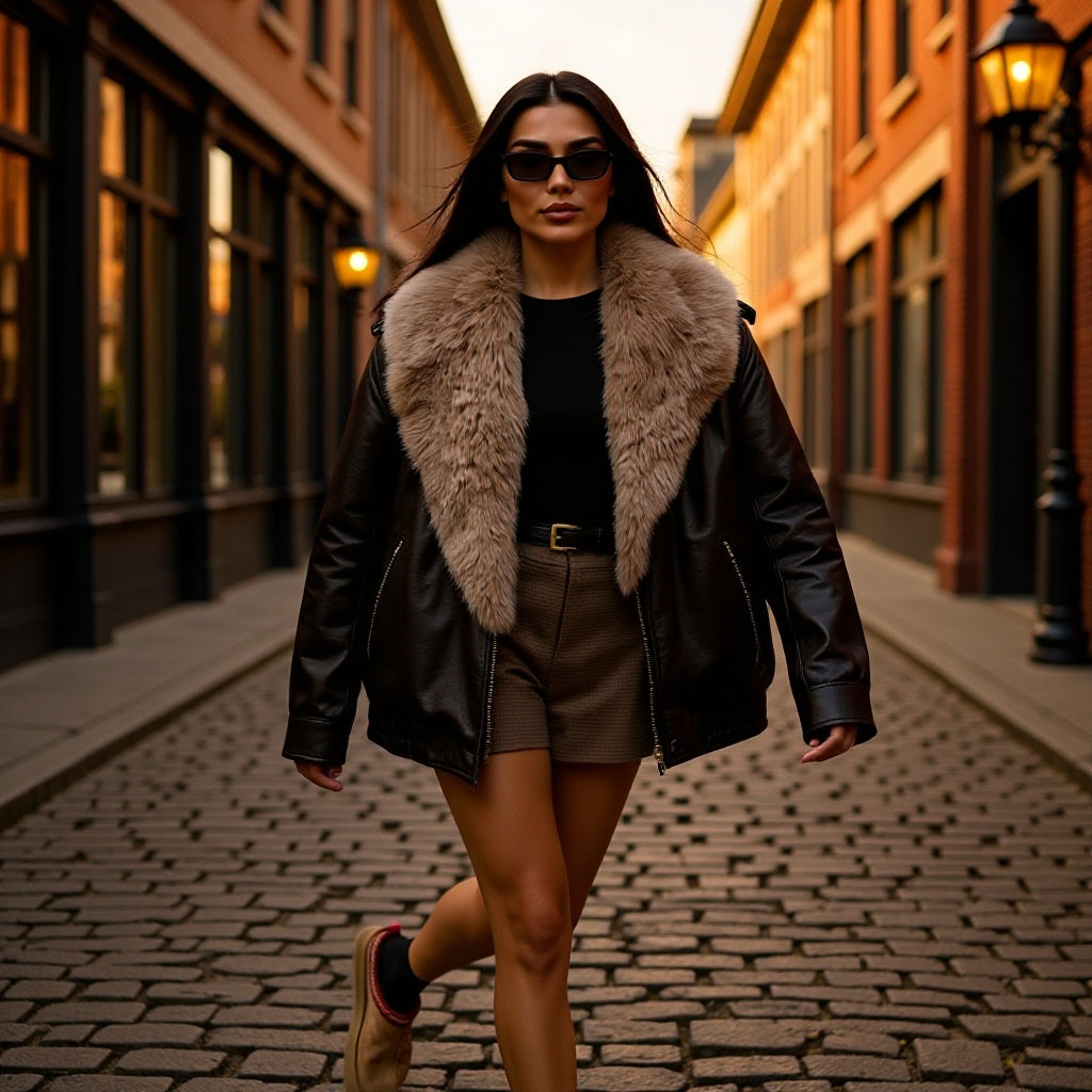 Women Quilted Leather Look Blouson with Voluminous Fur Collar Amarae