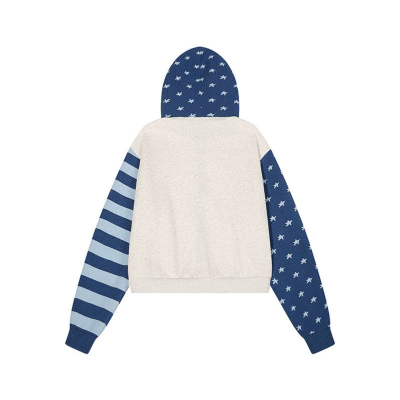 Women’s cropped hooded sweatshirt jacket with full zip, patterned sleeves and star motif Amarae