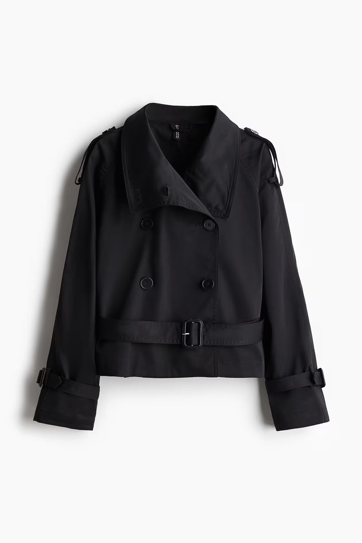 Ladies elegant short trench coat with double-breasted and belt Lune London