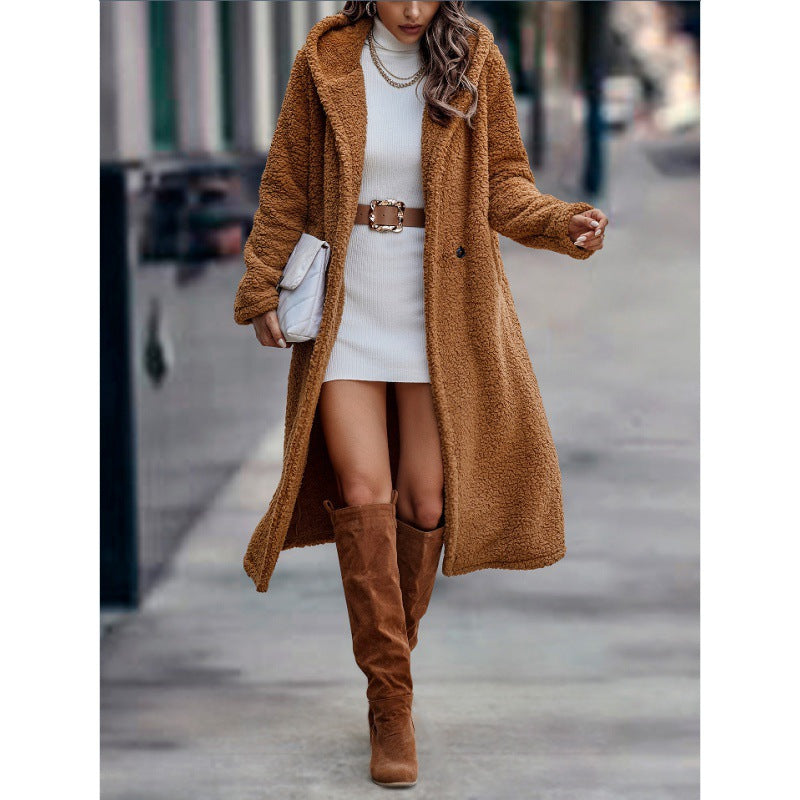 Women's Maxi Length Teddy Coat with Hood and Double Button Placket Amarae