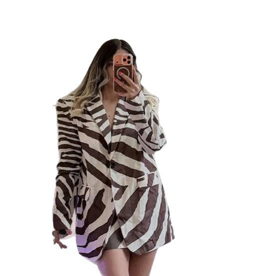 Women’s blazer dress in zebra print with prominent shoulder area & wide waist belt Amarae