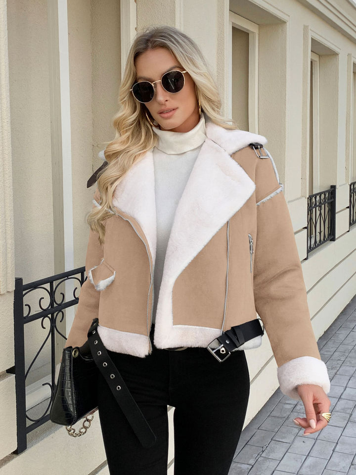 Fashion women's leather jacket with faux fur collar and belt Lune London