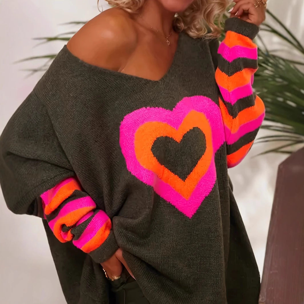 Oversized sweater for women with heart pattern and colorful stripes Lune London
