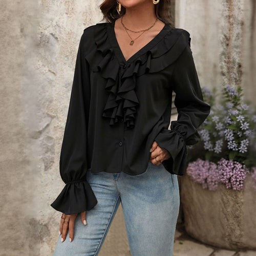Blouse pour femme avec des détails de volants élégants et un chic col en V Chic & Stil