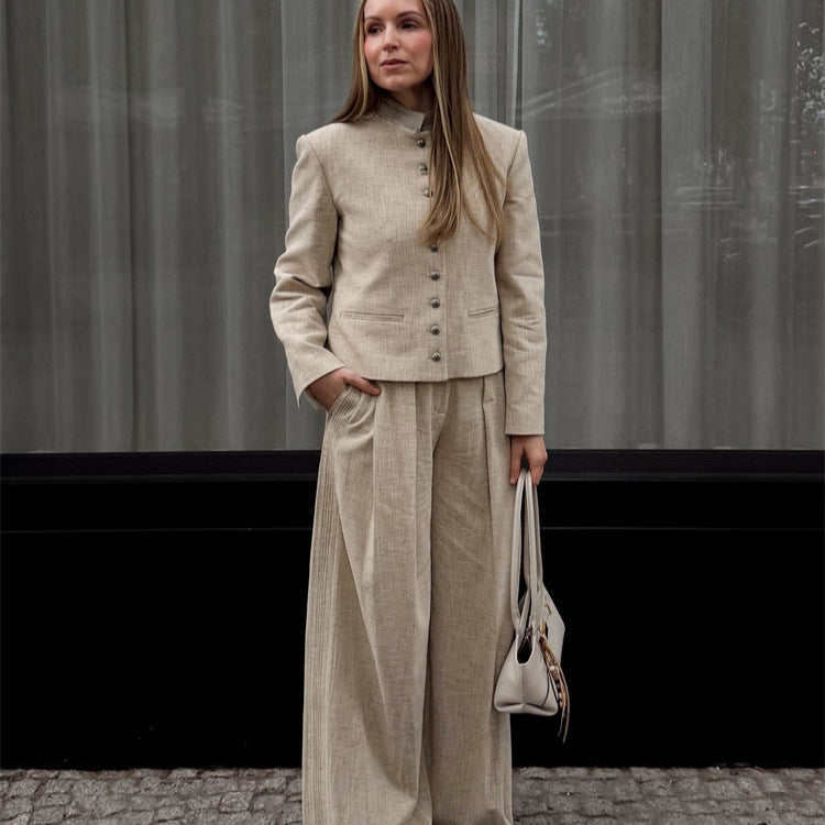 Women's stand collar jacket with metal buttons and wide pleated trousers Amarae