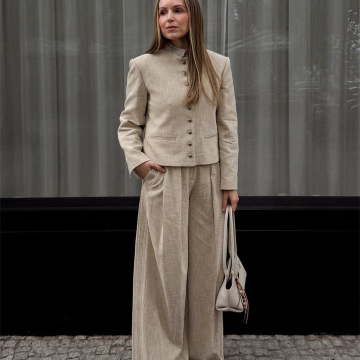 Women's stand collar jacket with metal buttons and wide pleated trousers Amarae