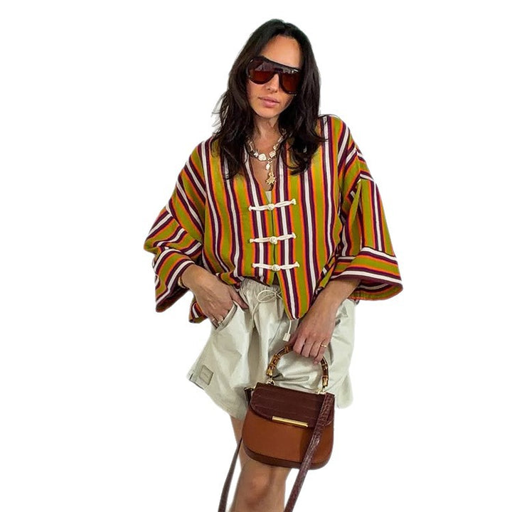 Women's Striped Lightweight Short Blouse with V-Neck, Three-Quarter Sleeves & Decorative Knot Closures Amarae