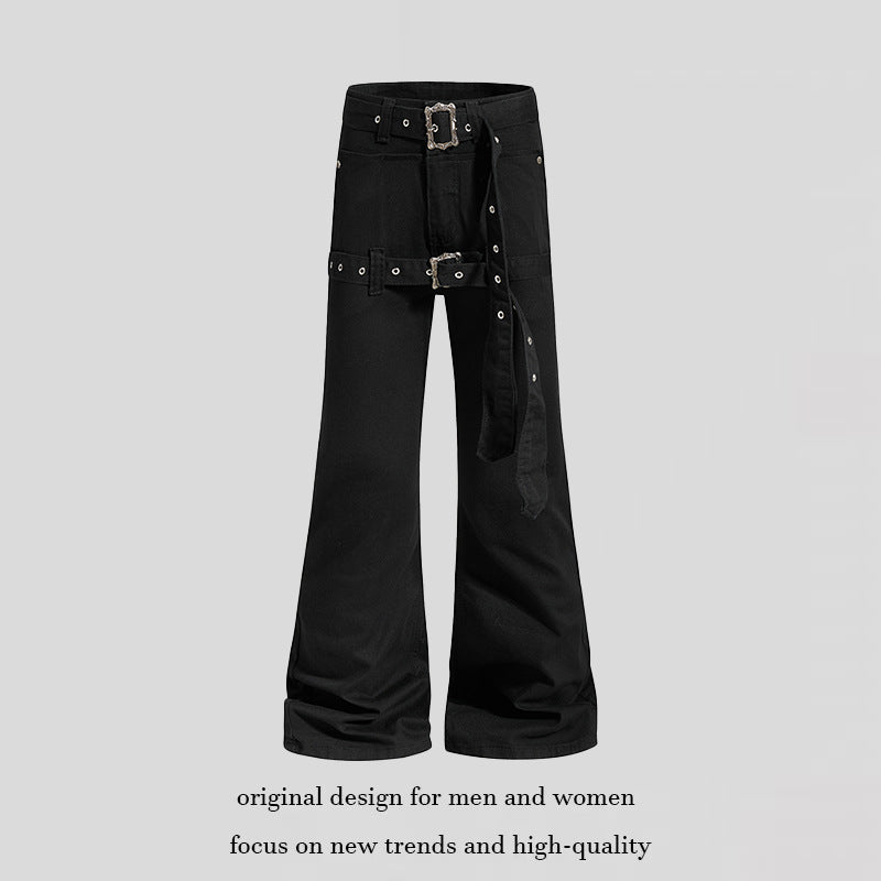 Women's High-Waist Flared Cargo Pants with Wide Leg, Double Belt and Metal Eyelets Amarae