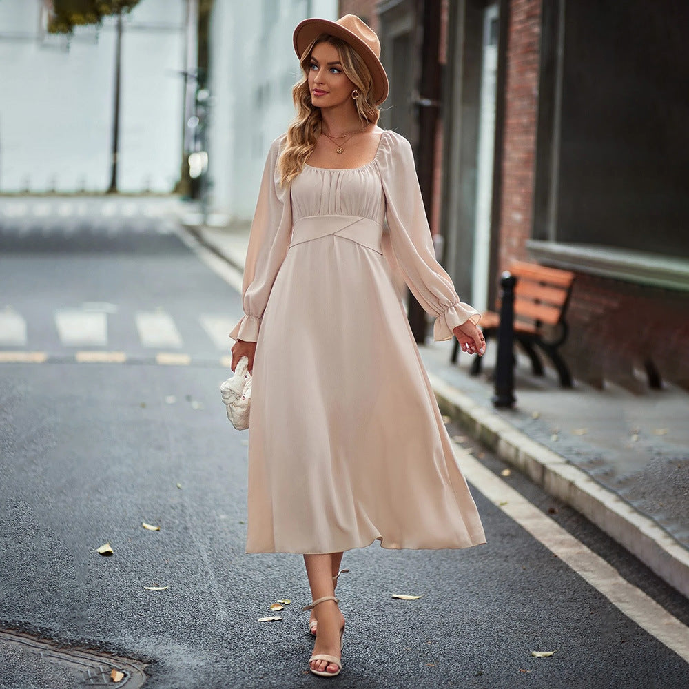 Robe midi pour femme avec drapés élégants et manches bouffantes longues Chic & Stil