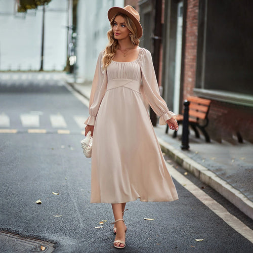 Robe midi pour femme avec drapés élégants et manches bouffantes longues Chic & Stil