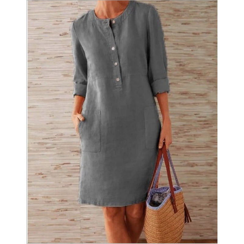 Women loose-fitting linen-look dress with three-quarter sleeves, button placket and side pockets Amarae