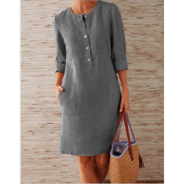 Women loose-fitting linen-look dress with three-quarter sleeves, button placket and side pockets Amarae