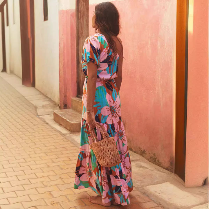Women's maxi dress with sophisticated one-shoulder design and voluminous hem Lune London