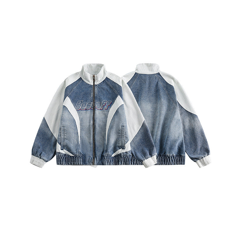 Unisex Boxy Jeans Jacket in Patchwork Look with Stand-Up Collar and Zipper Amarae