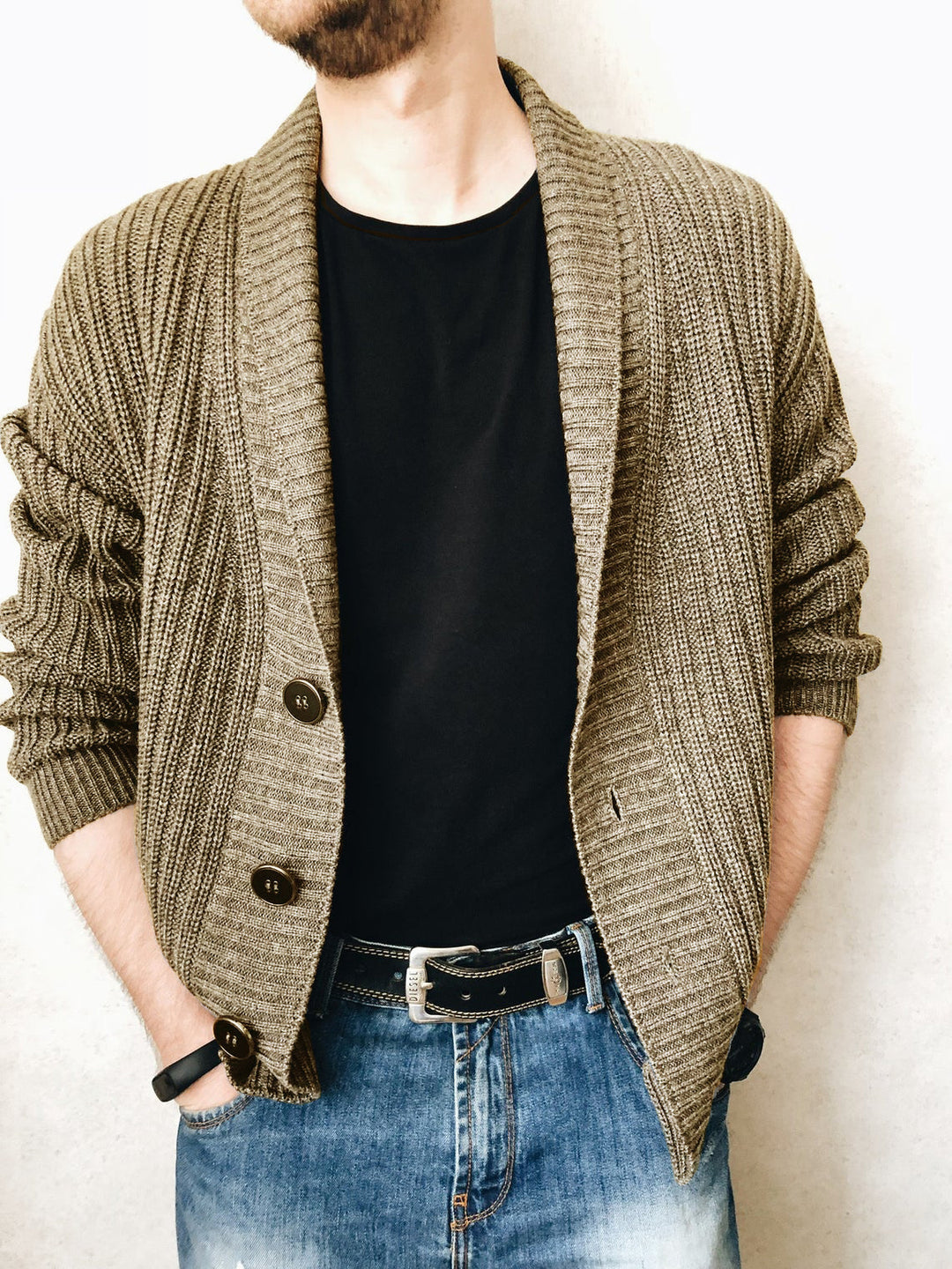 Men's knitted jacket with large collar and decorative buttons Lune London