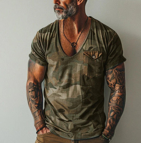 V-neck T-shirt for men with chest pocket and camouflage pattern Amarae