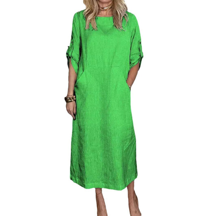 Women Casual Linen Midi Dress with Side Pockets and Roll-Up Sleeves Chic & Stil