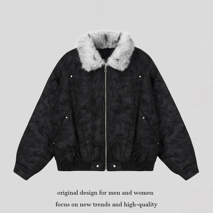 Women's Oversized Bomber Jacket with Faux Fur Collar and Elastic Hem Amarae